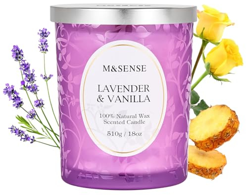 M&SENSE Duftkerze Groß 510g, Lavendel Vanille Duftkerzen im Glas,100h Lang Brennende, Knisternder Docht Kerze, Holzdocht Kerzen, Natürliche Vegane Sojawachs Duftkerzen für Männer und Frauen
