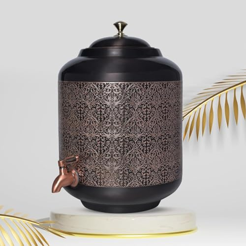 Amilav Collections Matka, contenitore per acqua in rame, con rubinetto in acciaio inox, 11 litri, benefici ayurvedici per la salute, yoga, nero anticato lucido