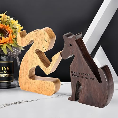 Drawelry Holz Mensch Welpen Skulptur Holzstatue Dekoration Handgefertigt Geschnitzt Frauen Männer Haustier Hunde Katze Figuren Ornamente Heim Deko Kreativ Geschenke für Familie, Freunde, Paare (A3)