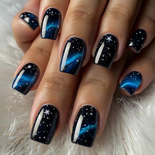 Ceboic 24 Stück Nägel zum Aufkleben Kurz, French Press on Nails Blau Sternenhimmel Glitzer Künstliche Nägel, Eckig Fingernägel zum Aufkleben Full Cover Kunstnägel für Frauen Mädchen DIY Nail Art