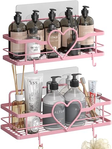 OYRREU Pink Shower Caddy with 4 Hooks, 2 Pack Bathroom Shower Shelf Suction&NO Drilling, Shower Organiser for Bath Kitchen Accessories Holder, Bedroom Decor, Self Adhesive, Wall Mounted