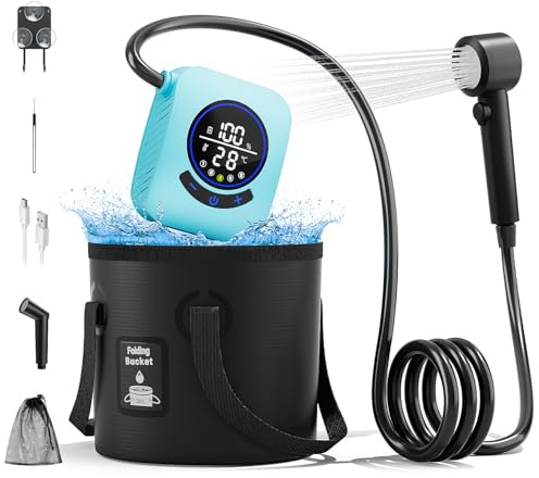 Moriko Portable Camping Shower, Upgrade 8000 mAh Rechargeable Shower Pump with 5 Gallon Bucket, Intelligent LED Display, Portable Shower for Camping, Outdoor, Hiking, Beach, Travel, Pet Bath