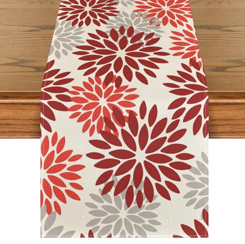 Artoid Mode Blumen Rot Dahlien Herbst Tischläufer, Saisonnal Weihnachten Küche Tisch Dekoration Drinnen Urlaub Party Dekor 40x100 cm