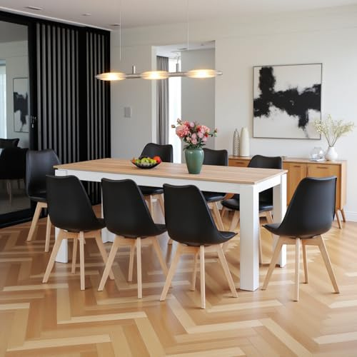 FURNITABLE Juego de mesa con 8 sillas para comedor, sillas de comedor y mesa rectangular para cocina, grupo de asientos para salón, cocina, oficina (160 cm, pata de mesa de roble-blanco, mesa + 8