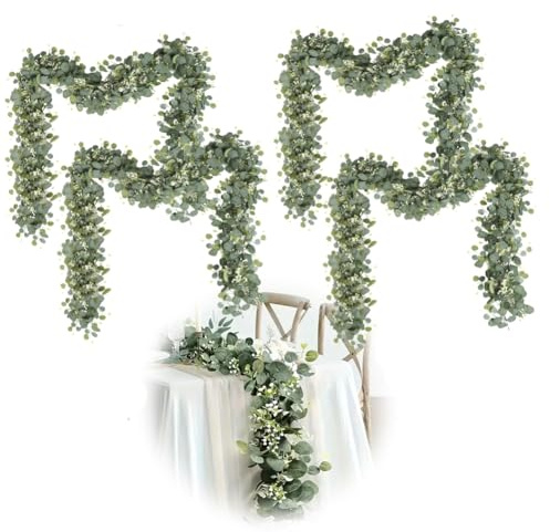 Wapasezyar 4 Stück Künstliche Eukalyptus Girlande Deko 1,8m Hängend Grüne Blätter mit Weiße Blumen Eukalyptusranke für Hochzeit Hintergrund Bogen Blumengirlande Tischläufer Dekoration (Grün-4PCS)