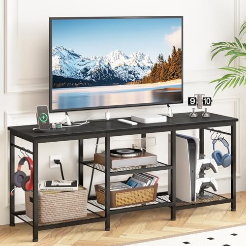 YGEOMER TV Stand for TVs Up to 55 Inch with Outlets, Bedroom, Black | Fits up to 55 inch TVs, 11.8in depth, 21.5in height, open storage shelves, 2 AC outlets & 2 USB ports, living room, bedroom.
