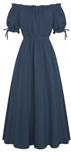 Damen Mittelalter A-Linie Baumwollkleid Schulterfrei Renaissance Rüschenkleid mit Taschen L Dunkelblau