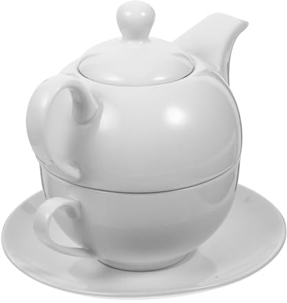 GLEAVI Ceramic Tea for One Teapot Set: White English Afternoon Tea & Coffee Kettle - Nested Cup and Saucer (6.48x5.89x5.50 Inch)
