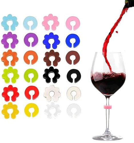 Dreamil Lot de 24 marqueurs de verre en silicone - Pour décoration de bar, de fête, verre à champagne, verre à cocktail, verre à boire, marquage de verre à domicile - Réutilisables (multicolores)