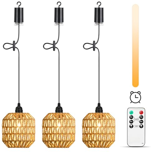 Lightsjoy 3 Stück Hängelampe mit Batterie Boho, Pendelleuchte Akku Outdoor Dimmbar, Rattan Hängeleuchte ohne Stromanschluss, Hängelampe Batteriebetrieben mit Fernbedienung IP65 für Innen Außen Hanging
