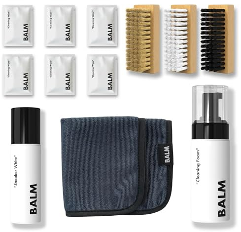 BALM Schuhputzsets – Premium Sneaker Reiniger & Schuhpflegeset für Leder, Textil, Suede, Nubuk etc – Sneaker Cleaner als Schaum, 3 Bürsten für Leder/Textil/Sohle, Mikrofasertuch, 6 Reinigungstücher