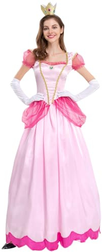 YOSICIL Princess Peach Costume da principessa per donne con corona guanti Cosplay Dress carnevale Halloween decorazione per feste da ballo giochi di ruolo,S