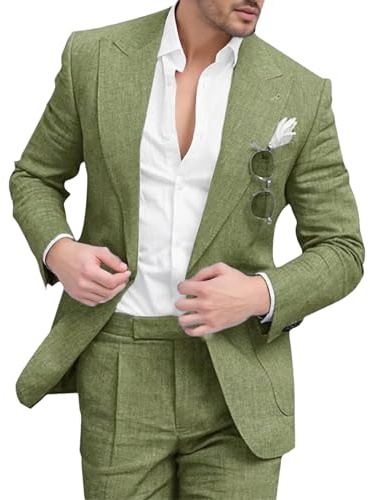 Herr Slim Fit 2-delad Linnekostym Brudgummar Sear Sucker Kostym Affärskostym Bröllop Kavaj Byxor Grön Medium