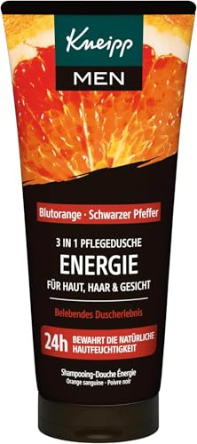 Kneipp MEN 3 in 1 Pflegedusche Energie - Duschgel für Männer - Für Haut, Haar & Gesicht - Mit natürlichem ätherischem Blutorangenöl und dem Extrakt aus schwarzem Pfeffer - 200 ml (Packung mit 5)