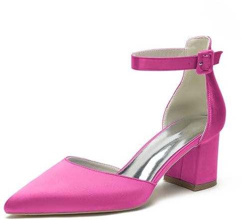 HFWXYSA Donna Décolleté Tacco Largo con Cinturino alla Caviglia in Raso Scarpe da Matrimonio Punta Chiusa Scarpe da Sposa,Fuchsia,42 EU