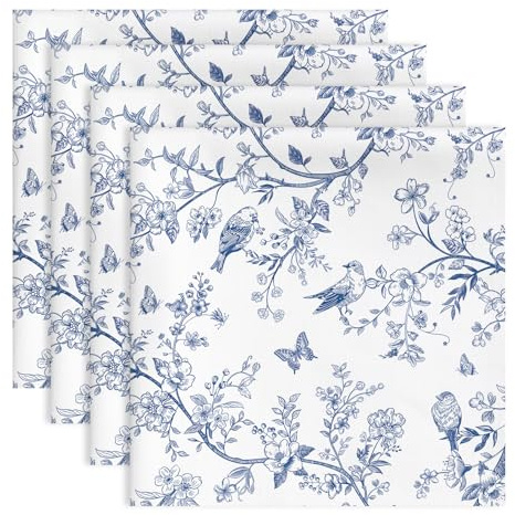 Arquiel Serviettes de Table Lot de 4, Serviettes en Tissu 100% Coton Oiseau Chinoiserie Doux et Confortable Réutilisables Serviettes pour Dîner Famille Cuisine Décorations Cadeaux(45cm×45cm)