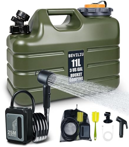 Beviliu Tragbare Campingdusche mit 11L Krug in Lebensmittelqualität, leichtes Design & IPX8 wasserdicht, wiederaufladbare Pumpe mit LED-Anzeige, tragbare Dusche für Camping, Strand, Wandern