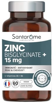 SANTAROME Zinc Bisglycinate 15 mg + B5 B6 - Immunité - France - 60 Gélules | Double cofacteur B5 et B6 - Pour une belle peau - Cheveux et ongles plus forts - Cure de 2 mois - 1 gélule/jour