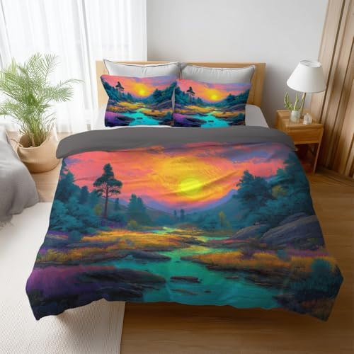 Sets Housse de Couette 220 x 240 cm avec 2 x Taies d'oreiller 50x70 cm, Rêveur Vif Abstrait Paysage Microfibre Literie Parure de Lit avec Fermeture Éclair pour 2 Personnes, Coloré
