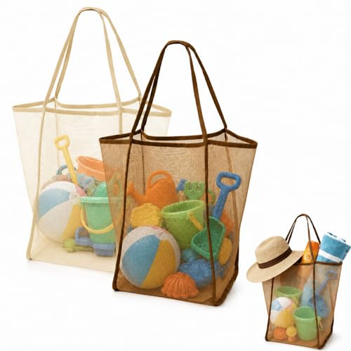 ZMaglorian Strandtasche Netztasche 2 Stück in beige brauner Farbkombi, faltbare Aufbewahrungstasche aus Netzgewebe Maße 34x31x24,5cm, leicht entwässernd platzsparend geeignet für Strandurlaub Outdoor