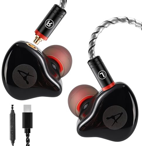 DCMEKA Wired in-Ear Monitor Headphones USB Type-C, Tesla Dual Dynamic Drivers, Earphones with Mic & Inline Control, MMCX Detachable Cable, Black Faceplate, HiFi Bass Noise Isolating Earbuds