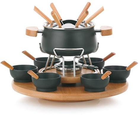kela set de fondue de carne 23 piezas, set de fondue para 6 personas NATURA, fondue con plato giratorio de madera, tenedores, cuencos pequeños, soporte para tenedores, soporte para pasta combustible