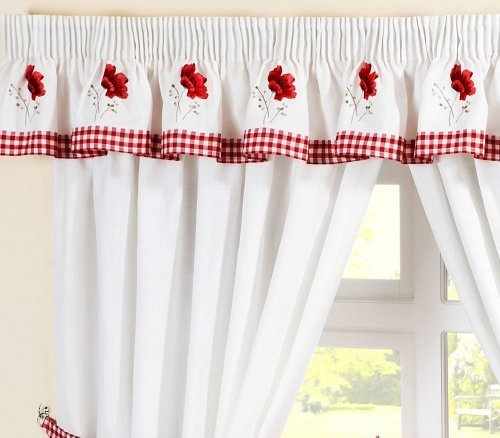 Poppy Gingham Embroidered RED PELMET to Match Kitchen Curtains L136 X W10