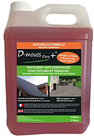 D-MOUSS PRO Anti Mousse Concentré Bidon 5L jusqu'à 500 m², Anti-Verdissure et Anti-Dépots Verts, Usage Multi Support (Toiture, Terasse, Façade, Pavé)