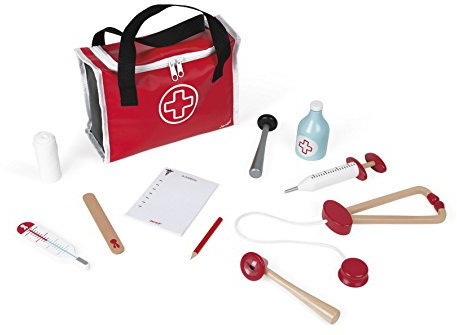 Janod - Doctor's Suitcase for Children - 10 Solid Wood Accessories Included - Prentend Play Toy - For children from the Age of 3, J06513, Red