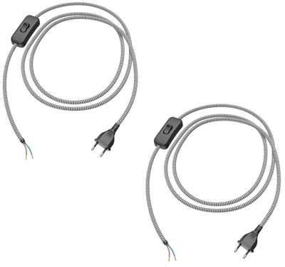 ledscom.de 2X Eurostecker Typ C mit Textilkabel, Schalter, 2 m, schwarz, weiß, gezackt, 2 x 0,75 mm²
