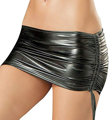 Czizi Women's Metallic Shiny PVC Leather Pleated Clubwear Party Pencil Mini Skirts (Black)