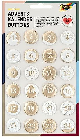 folia 1219 - Adventskalender Buttons, Perlmutt, 24 Stück, aus Metall, zum Gestalten individueller Adventskalender, weiß/gold