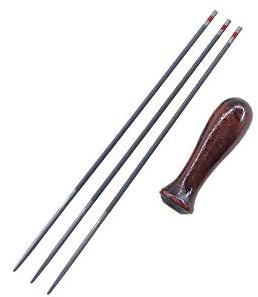 flexparts Feilen-Set 3 x 4mm Rundfeile mit Griff passend für Sägeketten 3/8 1,1 mm und 3/8 1,3 mm, Feilengriff mit DREI Rundfeilen für Kettensäge mit 3/8 Teilung und 1,1 mm oder 1,3 mm