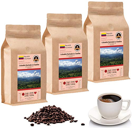 Café Globetrotter – Café con corazón – Colombia Hacienda La Claudina – 3 x 1000 g de granos integrales – Café de vanguardia del comercio justo de Colombia apoya proyectos sociales