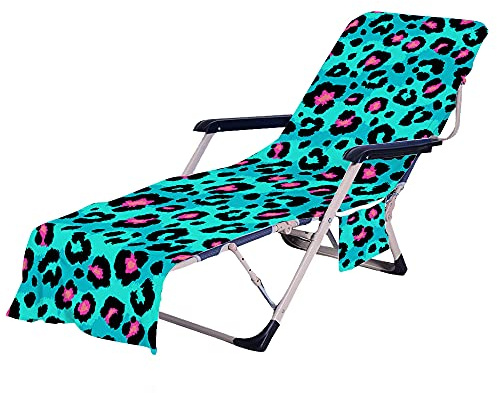 Surwin 3D Sun Lounger Beach Towel with Pockets, Leopard Print Beach Chair Cover Chaise Lounge Towel Cover Mate Sunbed Towels For Summer Holiday Garden Outdoor Pool (Lake Green,75x210cm)