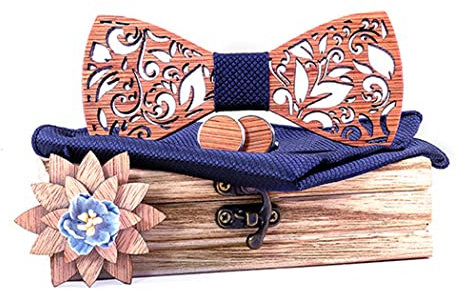 RQPYQF Noeud Papillon Bois, Ensemble de 4 Pièces - Noeud Papillon, Boutons de Manchette et Broche en Bois, Carré de Poche, Fait Main, Accessoire Mode (Style#27)