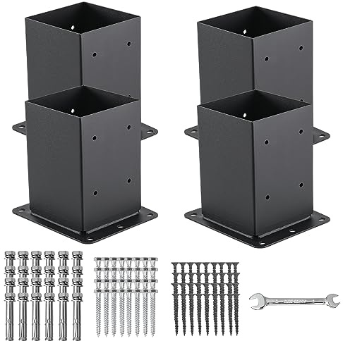 AXWHYS 4x4 Post Base 4 Pcs, (Inner Size 3.6x3.6) Post Anchors, 13GA Thick Solid Steel & Black Powder Coated,Deck Post Brackets Support Deck Base Plate Pergola Brackets Fence Kit Mailbox Mount