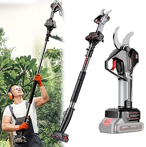 Plerile Electric Pruning Shears With Extension Pole, Rechargeable Cordless Tree Pruner For Tree Trimming, 2pcs Backup Rechargeable Battery Operated Branch Cutter MAX 48mm Cutting Diameter