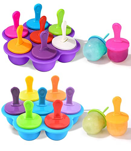 Moldes de Silicona para Helados y Polos para Bebe, 2 Piezas, 7 Cavidades, con Palitos de Plástico Coloridos, sin BPA (Azul, Morado)