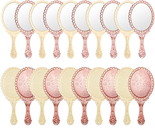 Namalu 20 Pcs Vintage Handheld Mirrors, 9.8 L x 4.5 W Portable Hand Held Embossed Flower Retro Compact Mirror with Handle for Women Face Makeup Travel(Beige, Rose Gold)