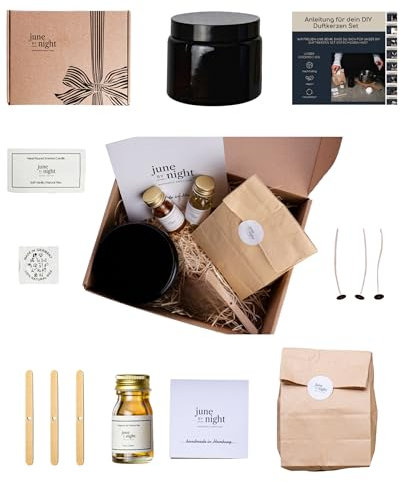 juneBYnight Kerzen Selber Machen Set, DIY Kerzenherstellung Kit für Starter Dufkerzen Geschenke, Sojawachs, Kerzenglas mit Deckel, Kerzendochte, Dochtaufkleber & ätherisches Öl - 500ml Vanille-Nuss