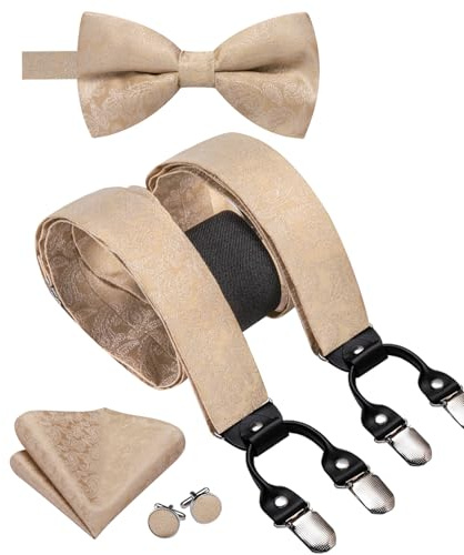 Hi-Tie Straps-Fliege für Herren, verstellbar, Y-Form, 6 Clips, Hosenträger, vorgebundene Fliege mit Taschentuch-Manschettenknöpfen, Champagner, M