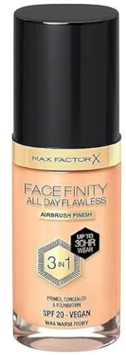 Max Factor Facefinity All Day Flawless Foundation - Concealer, 3-in-1 Liquid Foundation & Gesichtsprimer, vegane Formel, modulare Abdeckung, bis zu 30 Stunden Halt, SPF20 - W44 Warm Ivory, 30 ml
