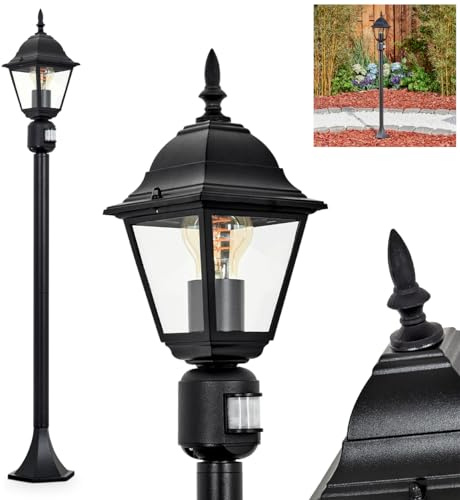 HOFSTEIN Außenstehleuchte Naofe, Außenwegeleuchte mit Bewegungsmelder aus Metall/Glas in Schwarz/Klar, Wegeleuchte im Landhaus/Antik/Vintage-Design für Garten, Außenbereich, Hof, 116 cm, E27, IP44