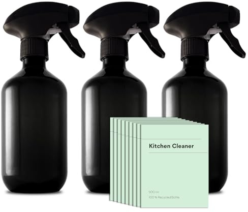Recycled Plastic Spray Bottles 3 x 500ml with 9 x Waterproof Labels; Eco-Friendly, Refillable, Reusable Empty Bottle Set; Leakproof Trigger Sprayer for Cleaning, Garden, Kitchen, Plant Misting, Water