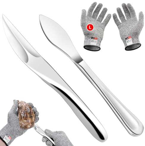 ADORAMBLING 2PCS Oyster Shucking Knife & Cut-Resistant Gloves, Stainless Steel Oyster Opener Tool with Ergonomic Handle, Shucking Kit with Box