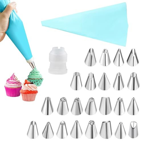 Yuqilin 24 Piezas Boquillas Manga Pastelera, 1 Manga Pastelera Reutilizable, 1 Convertidor, Juego de Boquillas Acero Inoxidable, para Decoración Pasteles, Cupcakes, Pastelería Diy (Azul)