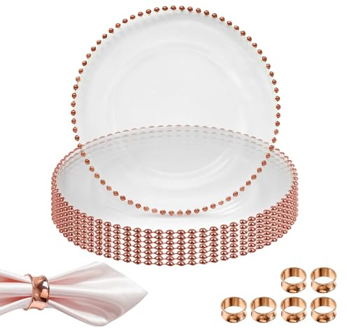 Trimming Shop Transparente Platzteller, Set mit 6 und 6 Stück, Roségold, gehämmertes Design, Serviettenringe, Glas-Platzteller, Perlen-Design, 33 cm, Ladegeräte für Abendessen, Servierteller,