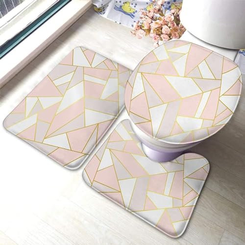 Set 3 Teilig Badvorleger Geometrie Rosa Grauer Hintergrund Badematte Und Wc-Vorleger-Set Anti-Rutsch Badgarnitur Badematten, Für Wc-Sitz Bezug, Badezimmer