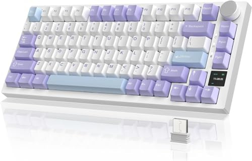 A.JAZZ AK820PRO 75% mechanische Tastatur,2,4G kabellos/BT5.1/USB-C verkabelt,81 Tasten mit TFT-Farbdisplay&CNC-Knopf-Gaming-Tastatur,RGB,Hotswap,4000mAh Akku–Lila Weiß(Fliegender Fisch-Schalter)